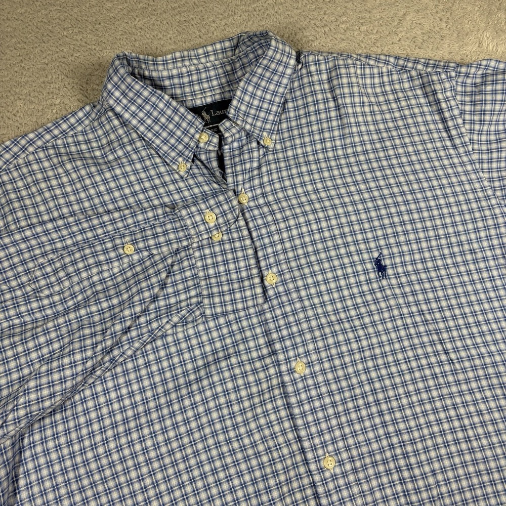 VINTAGE Polo Ralph Lauren Shirt Mens 17 34/35 Blue Tattersall Plaid Classic Fit
